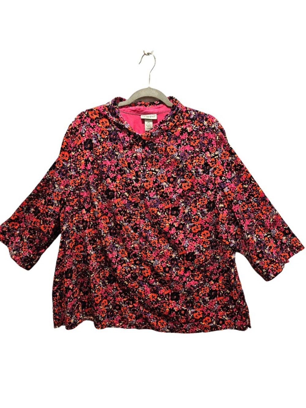 Catherines Blouse Womens 2X Ditzy Floral Black Pink Red Purple Bold Bright Color